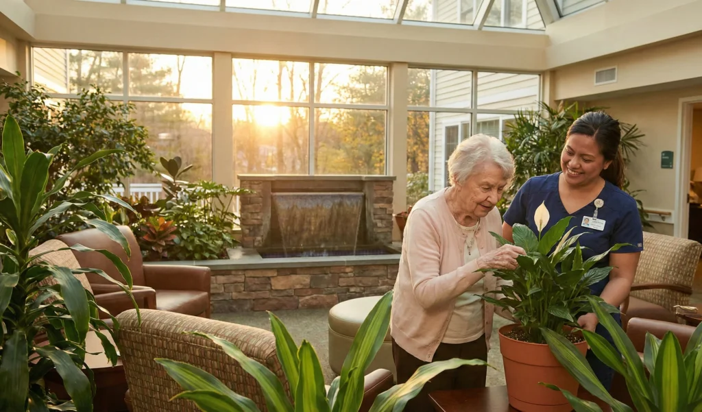 A peaceful afternoon at the Evergreen memory care program at The Greens at Cannondale, showing nature-based therapy for sundowning
