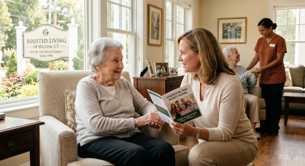 An elderly woman smiling and holding hands with a kneeling younger woman who is showing her a pamphlet about family owned assisted living in Wilton CT A sign outside the window reads ASSISTED LIVING OF WILTON CT   EST BY THE MILLER FAMILY SINCE 1998