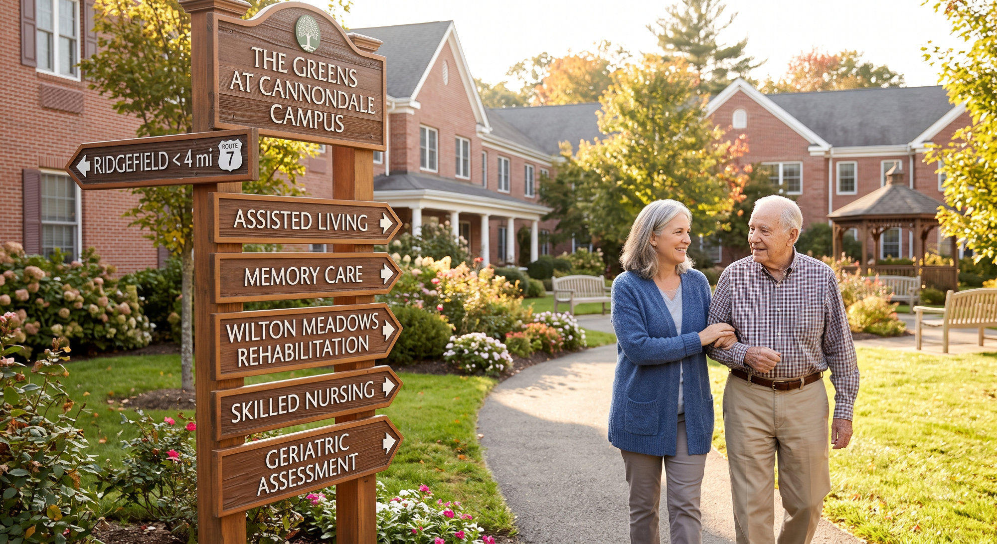 Elderly couple strolling on a sunny senior living campus beside a wooden sign listing assisted living memory care and rehabilitation