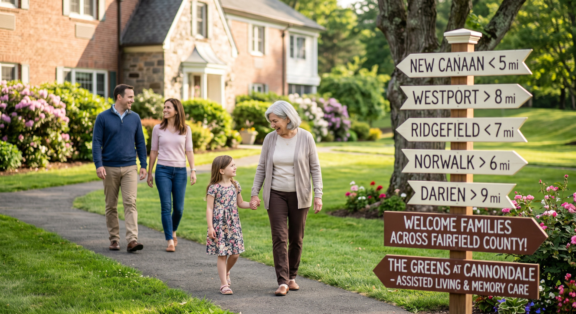A smiling family of four walking along a sidewalk past a wooden directional signpost with arrows in a green flower filled residential area